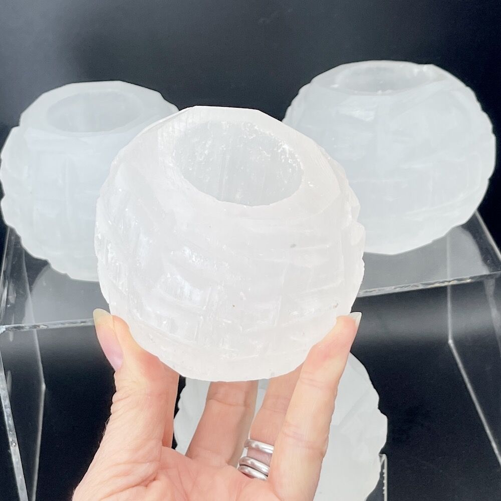 Selenite Snowball Tealight Holder White 8cm